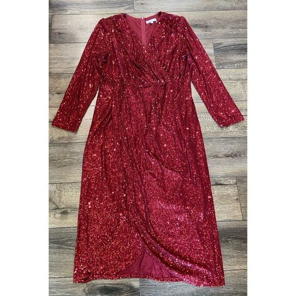 Ivy City Co. Midi Dress Cross Bodice Elastic Waist Full Sequin Burgundy Size 2X - Picture 4 of 5